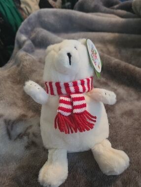 Plush Small Polar Bear Toy with Red & White Scarf